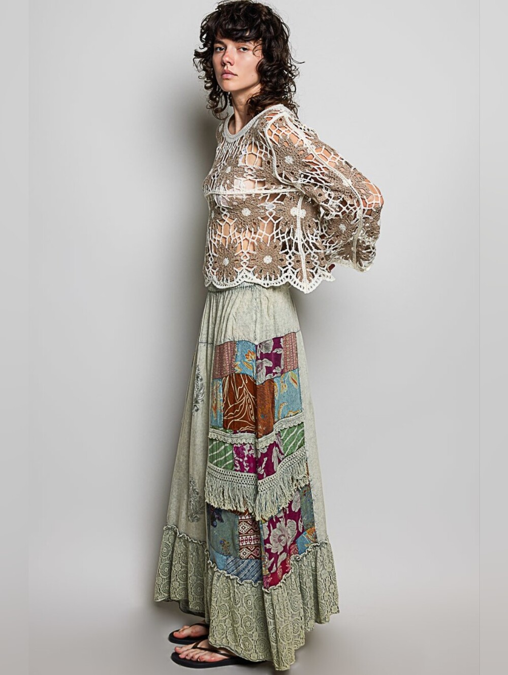 2-0610 POL Patchwork Fringe Boho Maxi Skirt in Sage Green - Picture 2 of 6